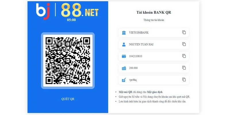 Bước nạp tiền BJ88 qua chuyển khoản nhanh 24/7 thực hiện nhanh chóng